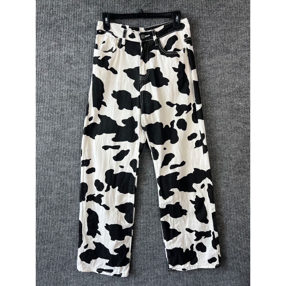 SHEIN Cow Print Jeans Womens M Black White High Rise Straight Leg Western Denim